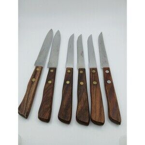 Lot 6 Vintage Steak Knives  Stainless Steel w/ Wood Handle Japan